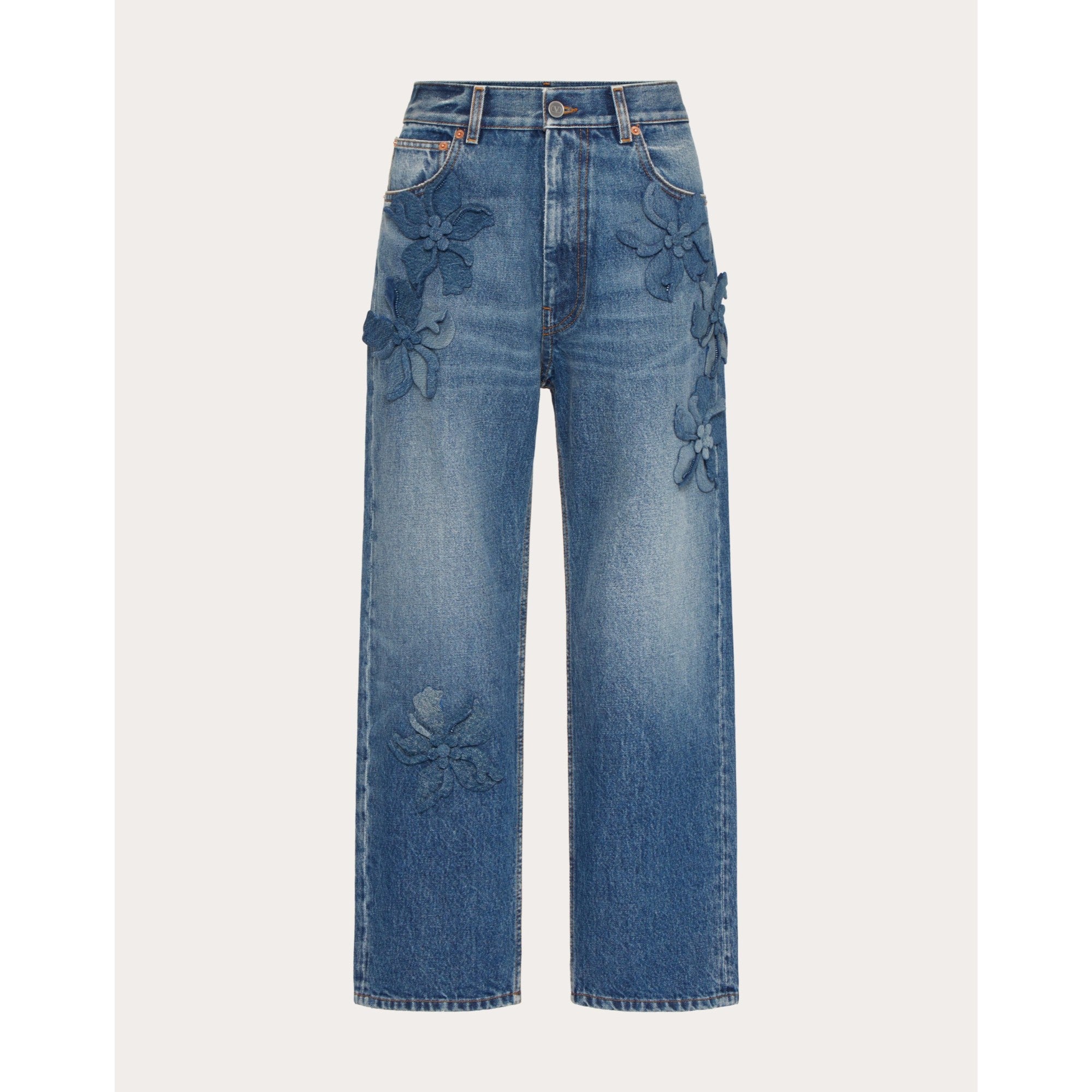 Partial Embroidery Jeans - Medium Blue Denim