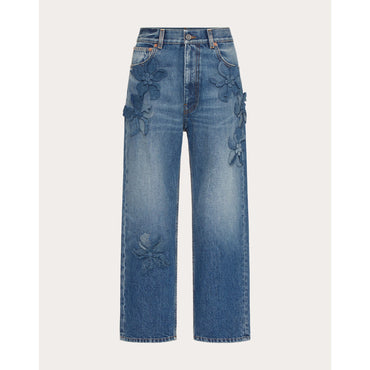 Partial Embroidery Jeans - Medium Blue Denim