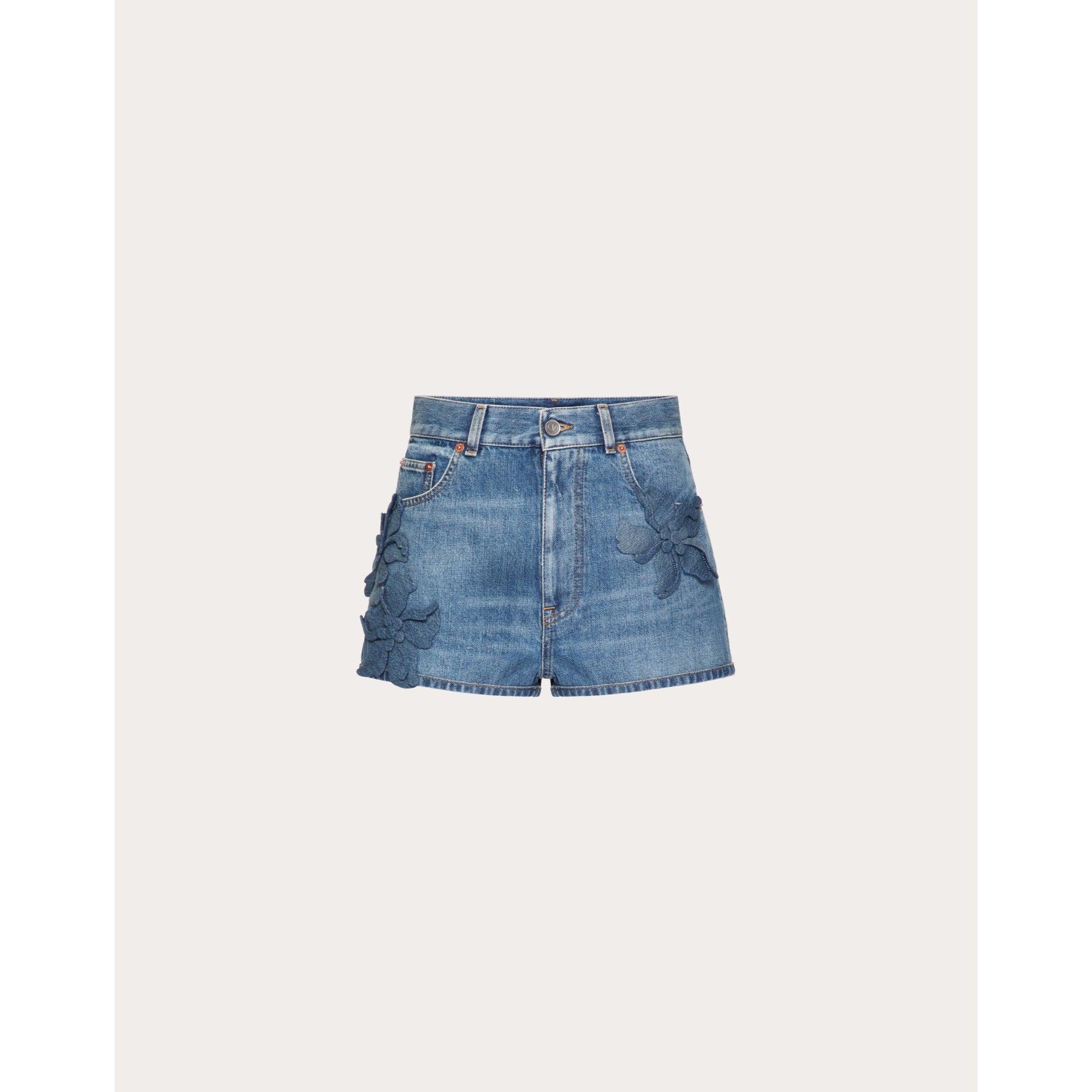 Partial Embroidery Shorts - Medium Blue Denim