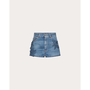 Partial Embroidery Shorts - Medium Blue Denim