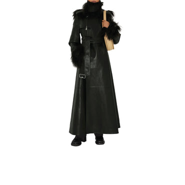 Long Leather Trench Coat - Black
