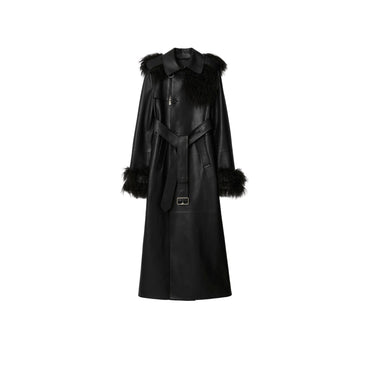 Long Leather Trench Coat - Black