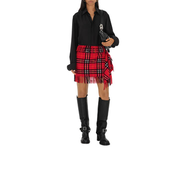 Check Wool Cashmere Scarf Skirt - Currant
