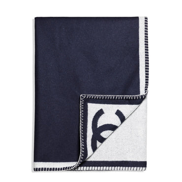 Wool/Cashmere Travelling Rug - Navy Blue/White