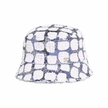 Fantasy Tweed/ Sequin Cloche Hat - White/Blue