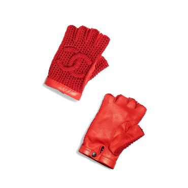 Crochet/Lambskin Fingerless Gloves - Red
