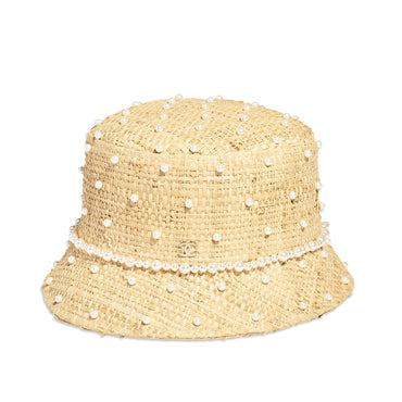 Straw/Pearls Cloche Hat - Beige
