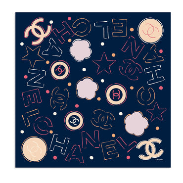 Silk Satin Jacquard Square Scarf - Navy/Multicolor