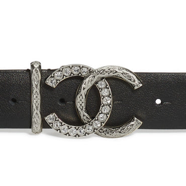 Calfskin/Metal/Strass Leather Woman Belt - Black/Silvry/Crys