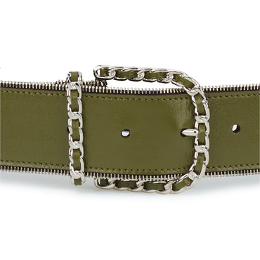 Lambskin/Metal Leather Woman Belt - Green/Silvery/Black
