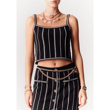 Cashmere 2Ply Knit Top - Black/Silk White/Pink