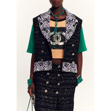 Glittered Wool Tweed Vest - Black/White/Silver