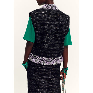 Glittered Wool Tweed Vest - Black/White/Silver