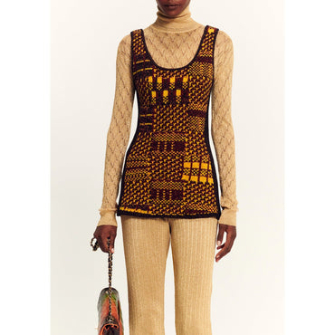 Cashmere/Wool Knit Top - Burgundy/Yellow/Orange