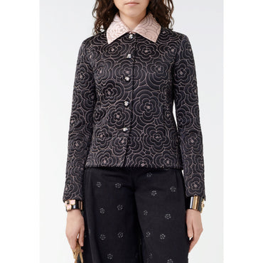 Embroidered Silk Satin Jacket - Black/Pink