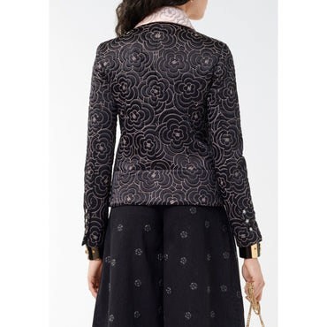 Embroidered Silk Satin Jacket - Black/Pink