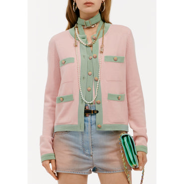 Cashmere 2Ply Cardigan - Pink/ Green