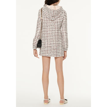 Sequin Embroidered Tweed Coat - White/Black/Coral