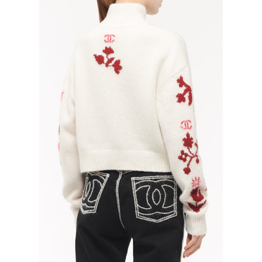 Cashmere/Silk Pullover - Ecru/ Red/Red