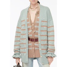 Cashmere 2 Ply Cardigan - Blue/ Brown/White