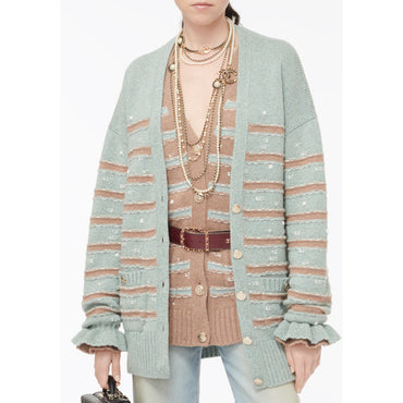 Cashmere 2 Ply Cardigan - Blue/ Brown/White